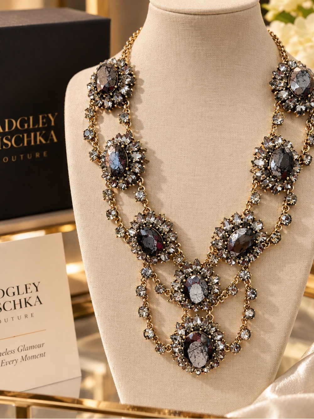 Badgley Mischka Gold and Smoky Gray Multi-Stone Layered Necklace